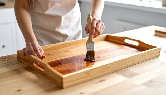 Artisan hand carefully applying wood stain to a handcrafted wooden serving tray in a workshop setting