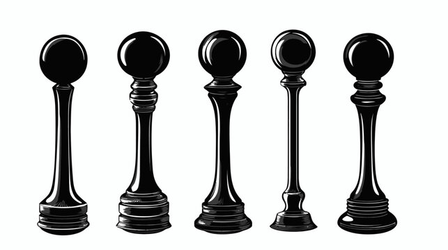 Stylized, monochromatic graphic depicts five decorative columns or supports with varying designs
