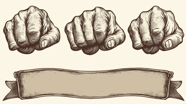 Hand-drawn style illustration featuring three clenched fists above a ribbon banner on a beige backdrop