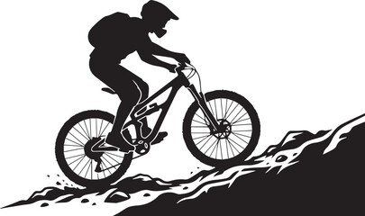 Fototapeta premium Mountain biker riding bike on trail downhill with helmet and backpack