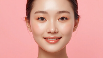 Obraz premium Beautiful Asian Woman with Glowing Healthy Skin on Pink Background