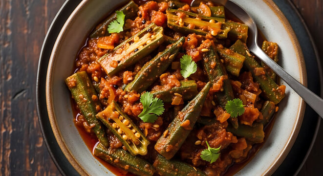 Bhindi masala okra curry in a rustic bowl on a wooden surface for food menus.