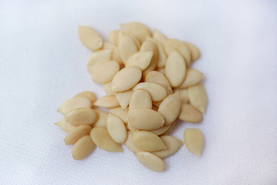 Fresh organic watermelon seeds, citrullus lantus or magajtari or magaz seeds isolated on white background.