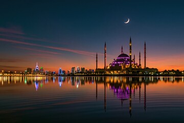 Fototapeta premium Sunset sky and mosque silhouette at night with crescent moon and water reflection for religious card design, ramadan kareem celebration and middle eastern travel motifs