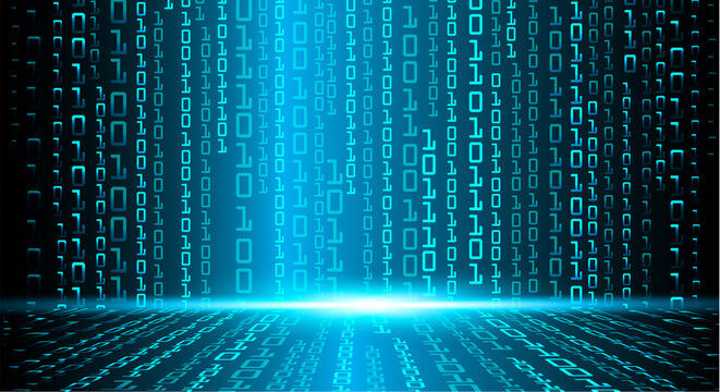 Glowing blue binary code streaming downward in digital matrix background with light effect