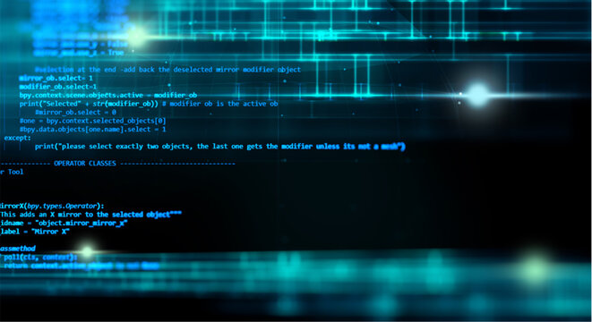 Glowing blue code on black background with neon lines and bright lights representing digital technology and programming concepts