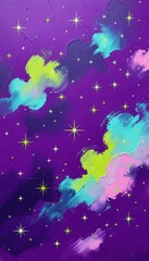 Fototapeta premium Textured purple painted background with colorful oil brush strokes and star forms for artistic wallpaper, creative book cover and abstract cosmic design projects