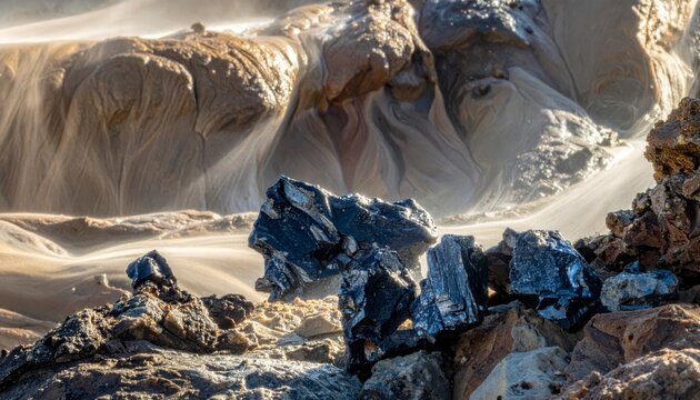 Rough, dark grey chunks of raw cobalt ore with metallic luster scattered on a sandy, rocky surface with windblown dust