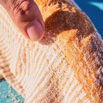 Golden crust of fresh bolillo bread being pressed by a thumb to show texture for bakery branding, artisan food marketing and culinary