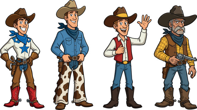 Cowboy cartoon characters vector set featuring western sheriff and outlaw men in traditional hats holding guns