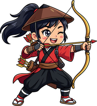Cute chibi archer character vector featuring traditional asian female warrior aiming with bow and arrow weapon
