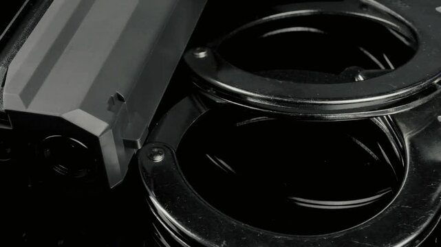 4K panning video moving from metal handcuffs to a police badge and sidearm on a dark reflective surface, combining law enforcement, arrest and criminal justice concepts with public safety themes