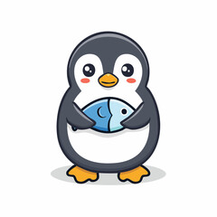 Obraz premium Cute cartoon penguin holding a fish