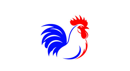 Gallic rooster logo in blue and red colors, stylized cockerel vector icon, French national bird symbol isolated on white background © FATEMA
