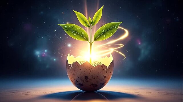 A small green plant sprouting from an eggshell with a glowing light.