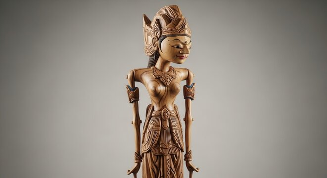 Ornate Wooden Puppet Figure with Detailed Carvings and Traditional Headdress.