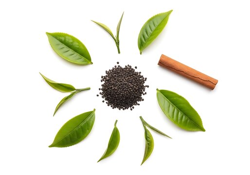 Fresh black tea leaves and buds with cinnamon sticks on white background. ctc tea