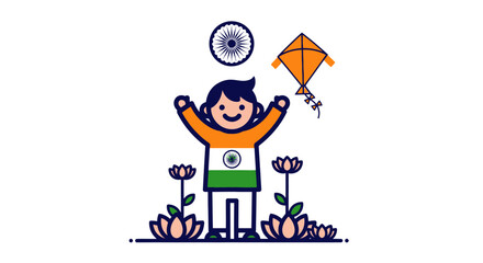 Indian Independence Day celebration vector, happy boy wearing tricolor flag shirt with kite and lotus flowers, Republic Day greeting illustration