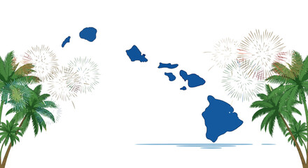 Tropical Hawaiian islands map silhouette, blue island chain with palm trees and fireworks, festive vacation destination vector illustration © FATEMA