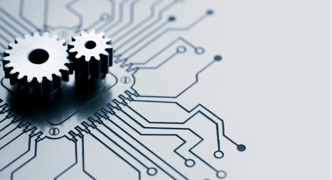 Two metallic gears on a circuit board background with tracks and connections representing technology and engineering concepts