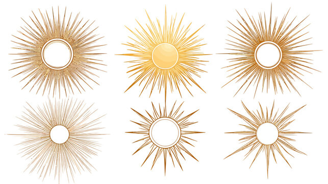 A collection of six stylized sunbursts, radiating outwards from central circular frames