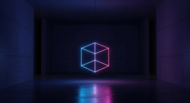 Neon glowing wireframe cube floating in a dark minimalist space.