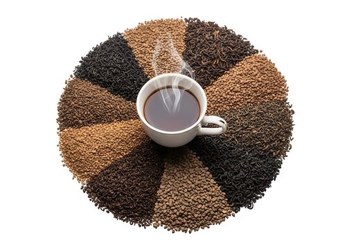 Hot coffee cup on leopard print coaster with steam rising minimalist still life. ctc tea
