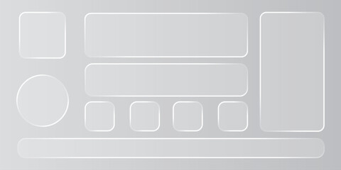 Obraz premium Futuristic Glassmorphism UI design elements set on transparent background. Frosted glass shapes, icon, button, screen mobile for web, app, banner, and social media design projects. frosted glass effec
