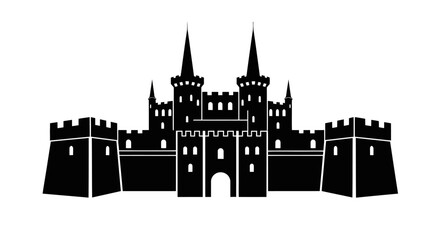 Medieval castle silhouette vector, gothic fortress with towers and battlements, black royal palace icon, ancient stone citadel architecture © FATEMA