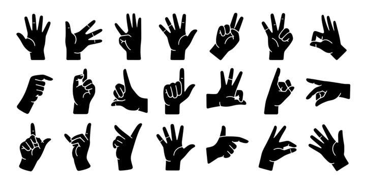 Gloves hand sign icons set with multiple gestures for sign language, communication, security, and body language UI graphics