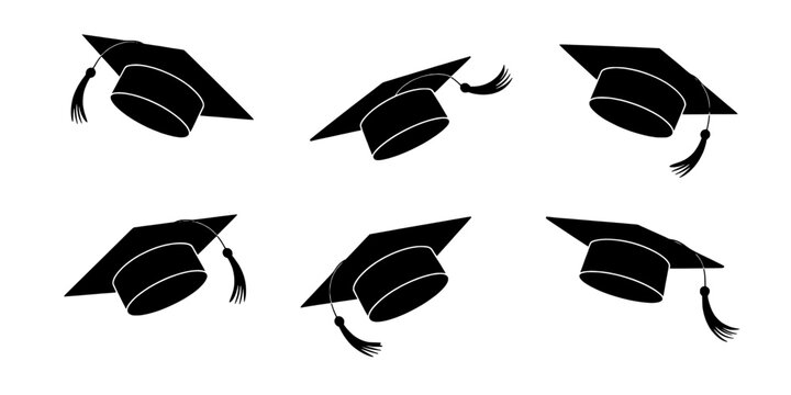 Graduation caps set with black tassels and mortarboard design featuring academic, education, school with university and college elements for diploma,