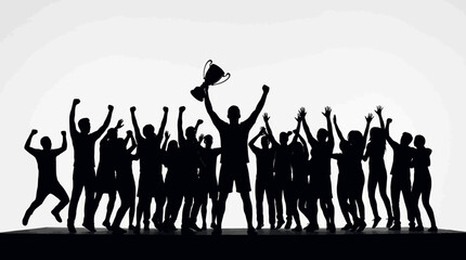 Obraz premium Silhouette of a cheering crowd celebrating a major victory with a golden trophy held high by a winner against a clean white background, symbolizing team success and group achievement.