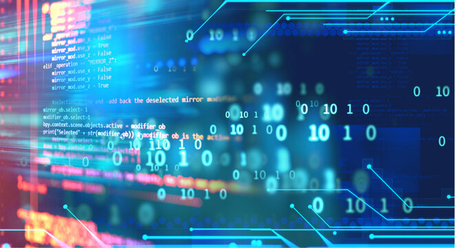 Vibrant digital background with binary code and circuit board elements in blue pink and orange hues conveying technology and data processing concepts