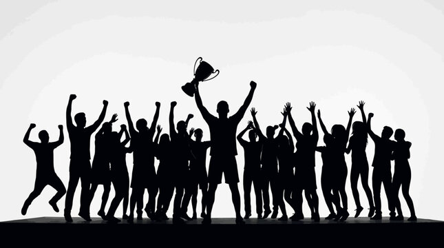 Silhouette of a cheering crowd celebrating a major victory with a golden trophy held high by a winner against a clean white background, symbolizing team success and group achievement.