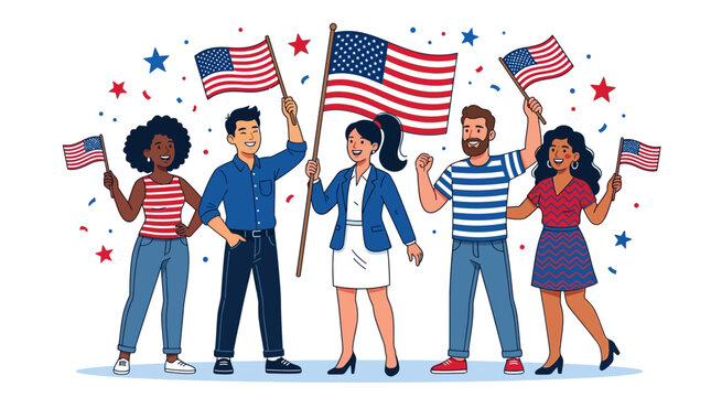 Diverse group of happy American citizens waving United States flags in celebration. Perfect for July 4th Independence Day, Memorial Day, election season, or patriotic events and campaigns.
