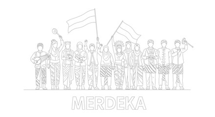 Fototapeta premium Indonesian Independence Day line art illustration, diverse people in traditional ethnic clothing holding flags, Merdeka celebration vector drawing