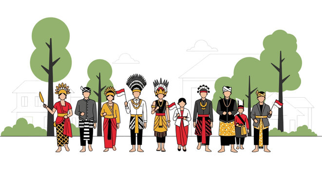 Indonesian traditional clothing collection, diverse ethnic group characters in regional costumes, cultural heritage vector illustration with flags