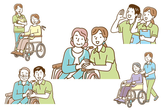 車椅子の患者をサポートする若い介護士のイラスト　ポーズバリエーション