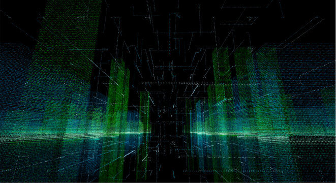Futuristic digital tunnel with green and blue code matrix grid neon lights and dark background