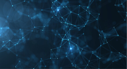 Glowing blue network connections on a dark background with geometric patterns and nodes © Elisa