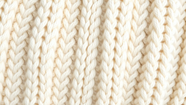 Cream white knitted cable knit fabric macro texture with ribbing