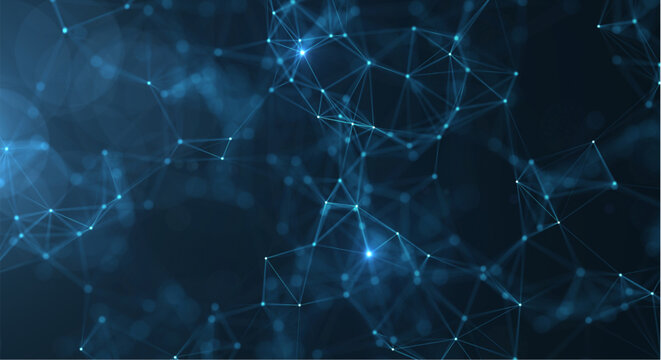 Glowing blue network connections on a dark background with geometric patterns and nodes