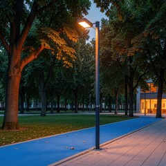 Naklejka premium Modern led street light pole illuminating a blue urban park pathway at twilight for smart city infrastructure, sustainable lighting campaigns and eco-friendly urban design