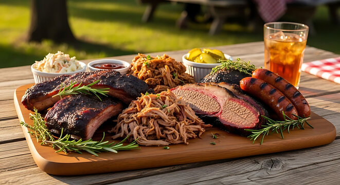 Barbecue platter features smoked ribs, pulled pork, and sausages on a wooden picnic table outdoors.