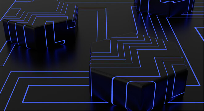 3d maze with blue neon lines on a black background futuristic labyrinthine design abstract geometric pattern