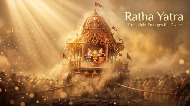 Vibrant ratha yatra chariot procession with colorful decorated temple float illuminated by golden sunlight surrounded by devotees and spiritual atmosphere during festival