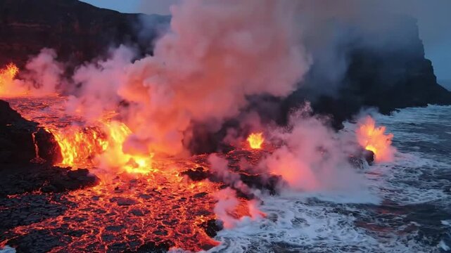Molten Lava Flowing Into Ocean at Sunset, Volcanic Eruption