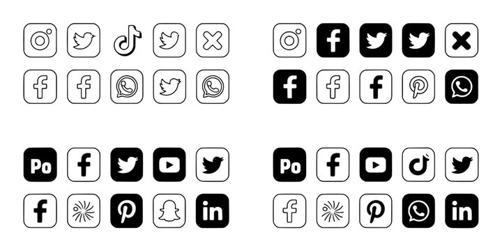 Icons social media set with camera, facebook, twitter, tiktok, pinterest and apps in simple white and black badges