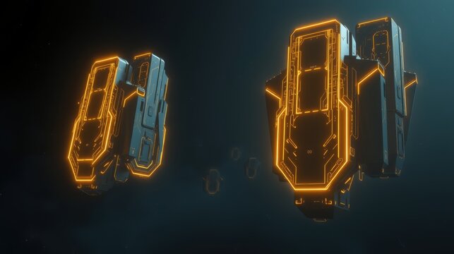 Futuristic objects float in dark space. Orange glowing lines highlight complex geometric designs. Minimalist aesthetic, digital art style.