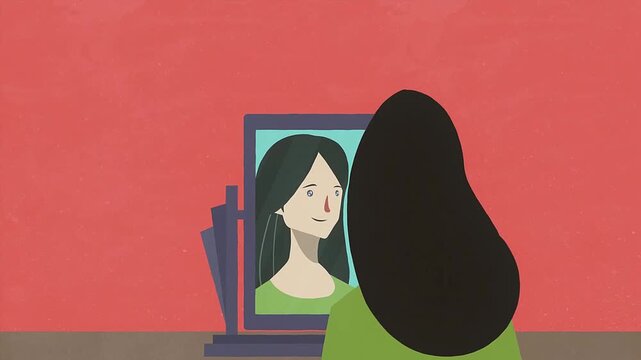 Young woman looking at her reflection in mirror self care concept